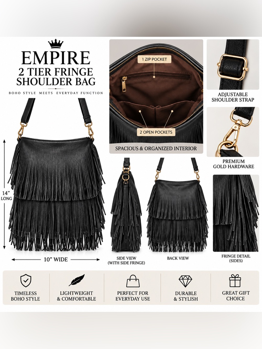 EMPIRE 2 TIER FRINGE SHOULDER BAG - BLACK (NEW WITH TAGS) A30